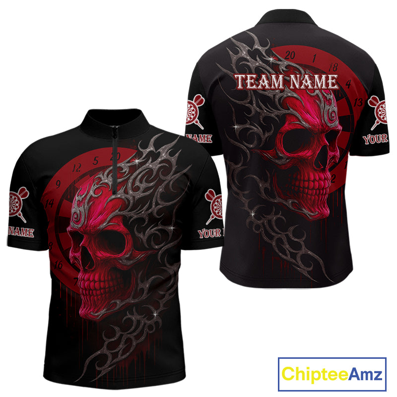 Custom Red Skull Dartboard 1/4-Zip Dart Shirt Personalized Outfits Dart Jersey For Men NYN1317