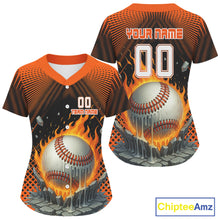 Load image into Gallery viewer, Custom Black And Orange Flames Baseball Ball Jersey For Women Baseball Tournament Team Shirt NYN0958