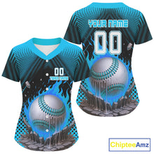 Load image into Gallery viewer, Custom Black And Blue Flames Baseball Ball Jersey For Women Baseball Tournament Team Shirt NYN0959