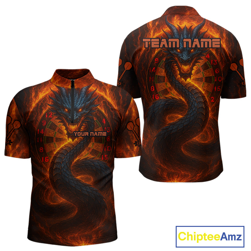 Personalized Red Flames Dragon Dartboard Darts 1/4-Zip Jerseys For Men, Dart Team Jerseys NYN0963
