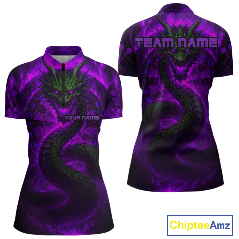 Personalized Purple Flames Dragon Dartboard Darts 1/4-Zip Jerseys For Women, Dart Team Jerseys NYN0964