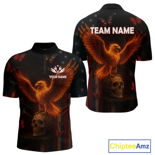 Custom US Flag Patriotic 1/4-Zip Dart Shirt For Men Flame Eagle Skull Dart Jersey NYN1331