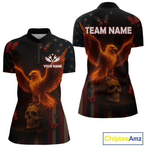 Custom US Flag Patriotic 1/4-Zip Dart Shirt For Women Flame Eagle Skull Dart Jersey NYN1331