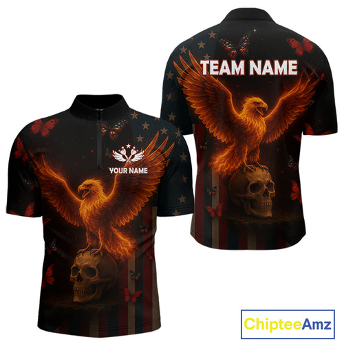 Custom US Flag Patriotic 1/4-Zip Dart Shirt For Men Flame Eagle Skull Dart Jersey NYN1331