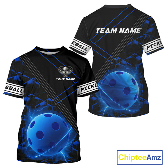 Custom Black And Lightning Blue Pickleball Ball T-Shirt For Men Outfits Pickleball Jerseys NYN1341