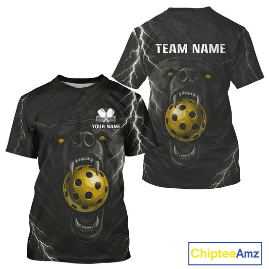 Custom Black & White Lightning Bear Pickleball T-Shirt For Men Gold Pickleball Ball Jersey NYN1345