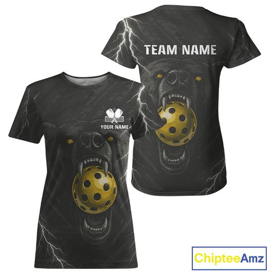 Custom Black & White Lightning Bear Pickleball T-Shirt For Women Gold Pickleball Ball Jersey NYN1345