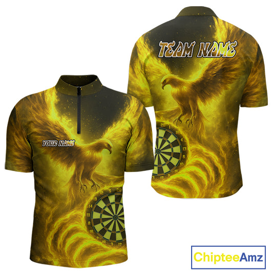Custom Yellow Flames Phoenix Dartboard Darts Jersey Personalized Darts 1/4-Zip Shirt For Men NYN0970