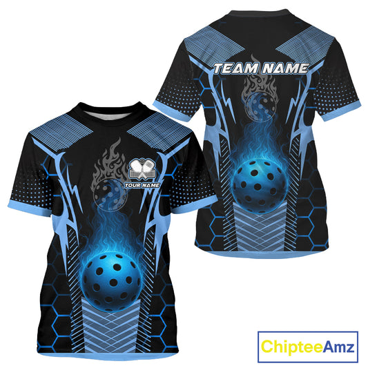 Custom Black & Blue Flaming Pickleball Ball T-Shirt For Men Outfit Pickleball Jersey NYN1347