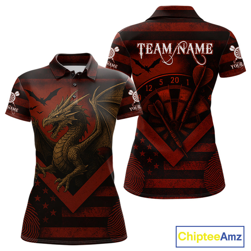 Custom Red Grunge Dragon Dartboard Dart Polo Shirt For Women Outfit Dart Team Jersey NYN1363
