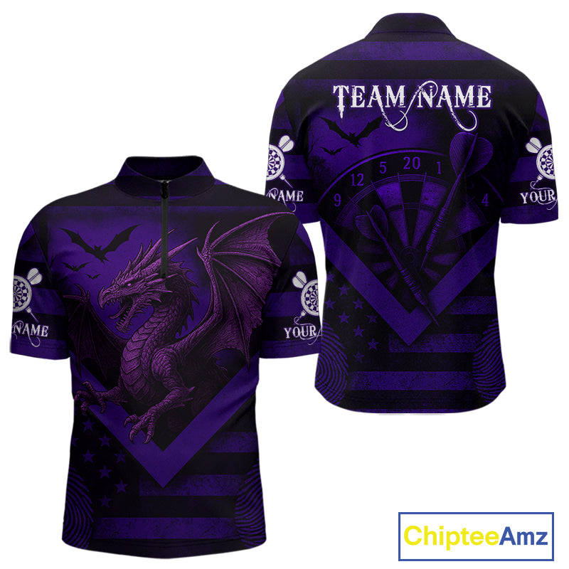 Custom Purple Grunge Dragon Dartboard Dart 1/4-Zip Shirt For Men Outfit Dart Team Jersey NYN1364