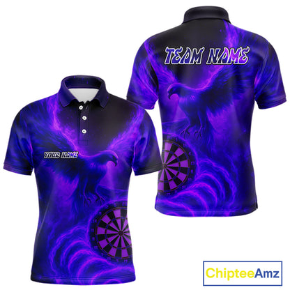 Men's Darts Polo Shirt Personalized Flaming Phoenix Dartboard Darts Jersey | Purple NYN1026