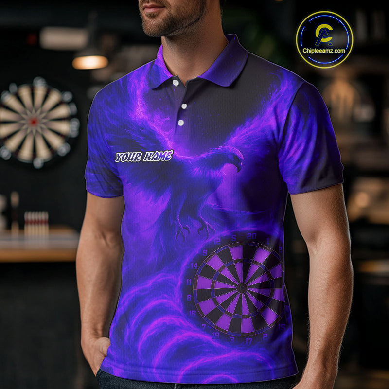 Men's Darts Polo Shirt Personalized Flaming Phoenix Dartboard Darts Jersey | Purple NYN1026