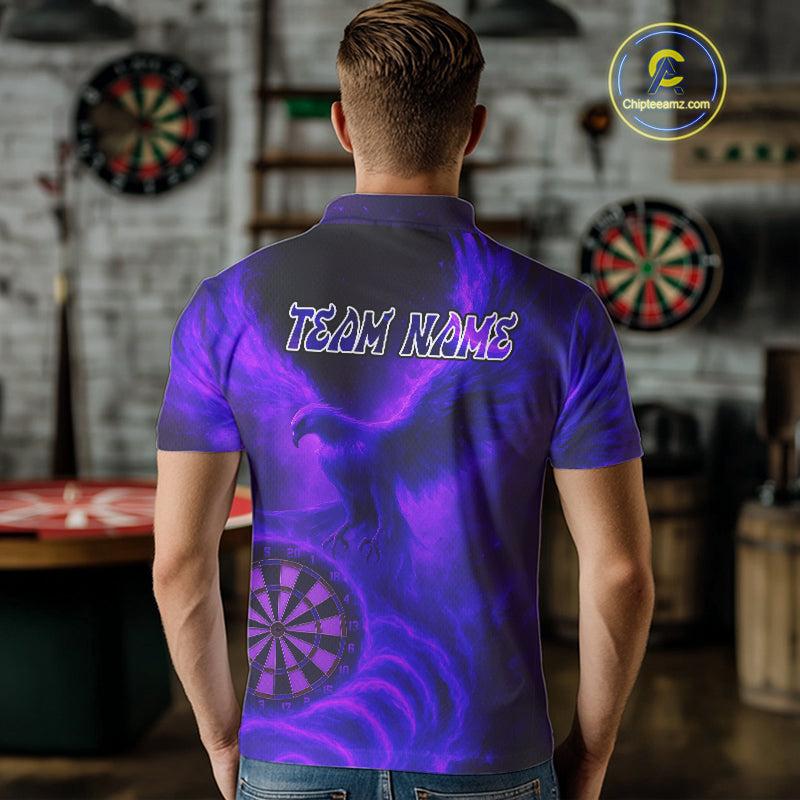 Men's Darts Polo Shirt Personalized Flaming Phoenix Dartboard Darts Jersey | Purple NYN1026
