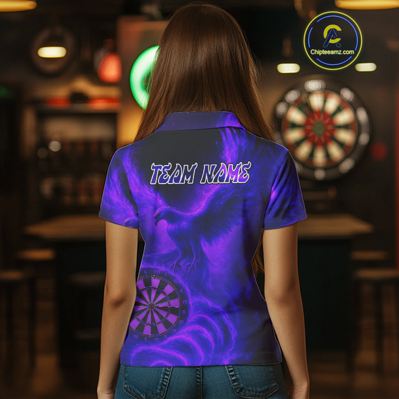 Women's Darts Polo Shirt Personalized Flaming Phoenix Dartboard Darts Jersey | Purple NYN1026
