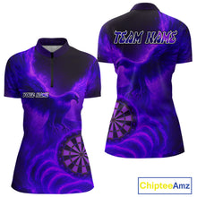 Load image into Gallery viewer, Women's Darts 1/4-Zip Shirt Personalized Flaming Phoenix Dartboard Darts Jersey | Purple NYN1026