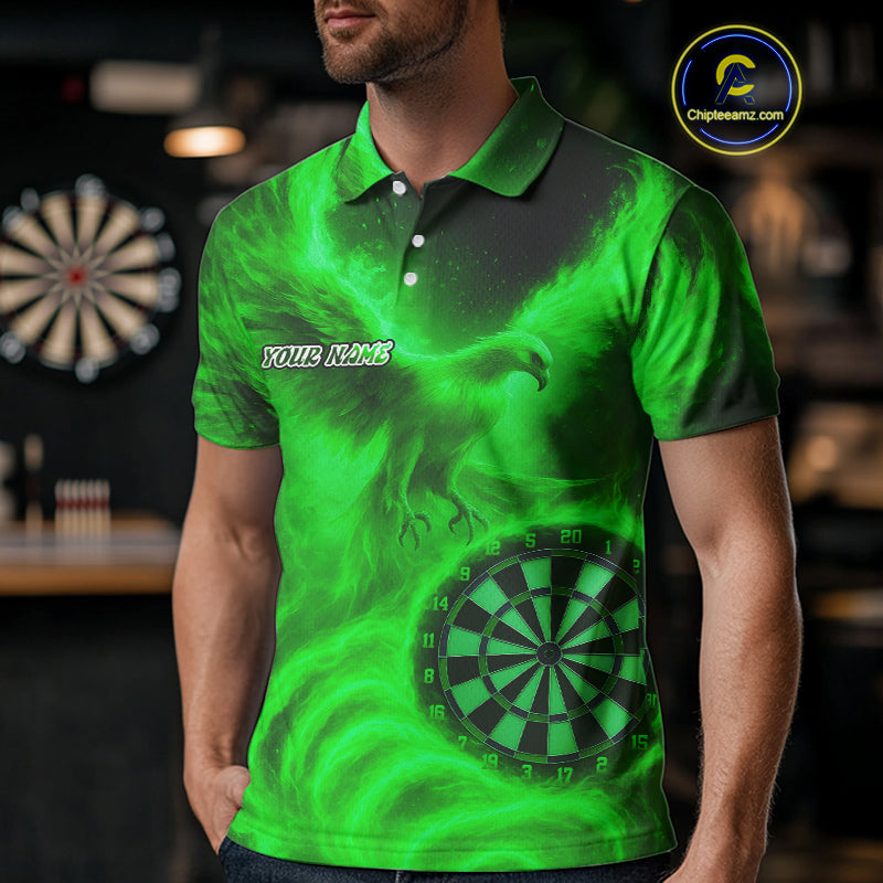 Men's Darts Polo Shirt Personalized Flaming Phoenix Dartboard Darts Jersey | Green NYN1027