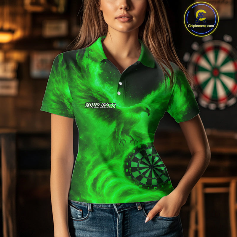 Women's Darts Polo Shirt Personalized Flaming Phoenix Dartboard Darts Jersey | Green NYN1027