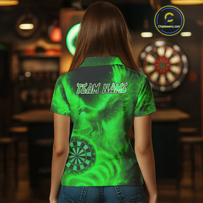Women's Darts Polo Shirt Personalized Flaming Phoenix Dartboard Darts Jersey | Green NYN1027