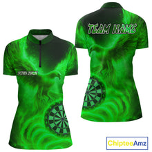 Load image into Gallery viewer, Women's Darts 1/4-Zip Shirt Personalized Flaming Phoenix Dartboard Darts Jersey | Green NYN1027