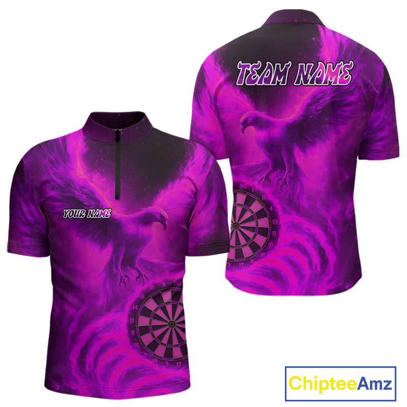 Men's Darts 1/4-Zip Shirt Personalized Flaming Phoenix Dartboard Darts Jersey | Pink NYN1028