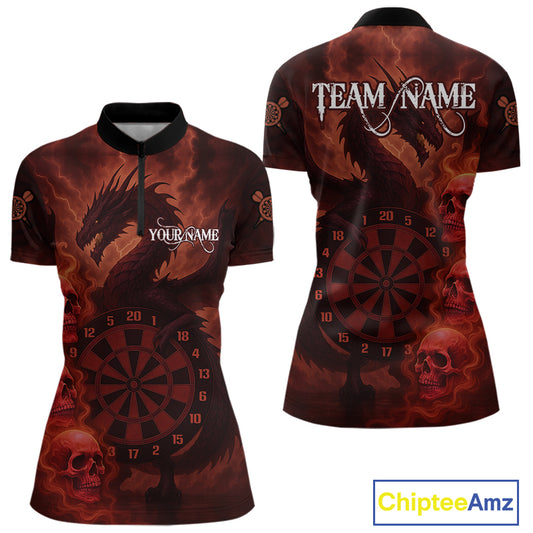 Custom Skull Dragon Red Dartboard Women Polo & 1/4-Zip Dart Shirt, Darts Team Jerseys NYN1091
