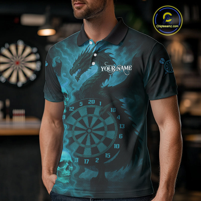 Custom Skull Dragon Turquoise Dartboard Men Polo & 1/4-Zip Dart Shirt, Darts Team Jerseys NYN1092