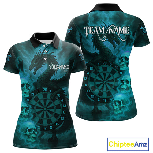 Custom Skull Dragon Turquoise Dartboard Women Polo & 1/4-Zip Dart Shirt, Darts Team Jerseys NYN1092