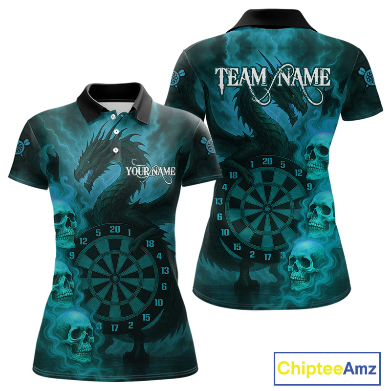 Custom Skull Dragon Turquoise Dartboard Women Polo & 1/4-Zip Dart Shirt, Darts Team Jerseys NYN1092