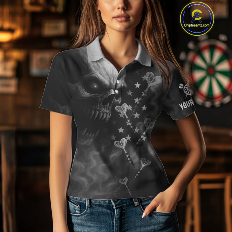 Custom Patriotic Women Darts Shirt Personalized US Flag Dart Arrows, Grey Outfits Dart Jerseys NYN1163