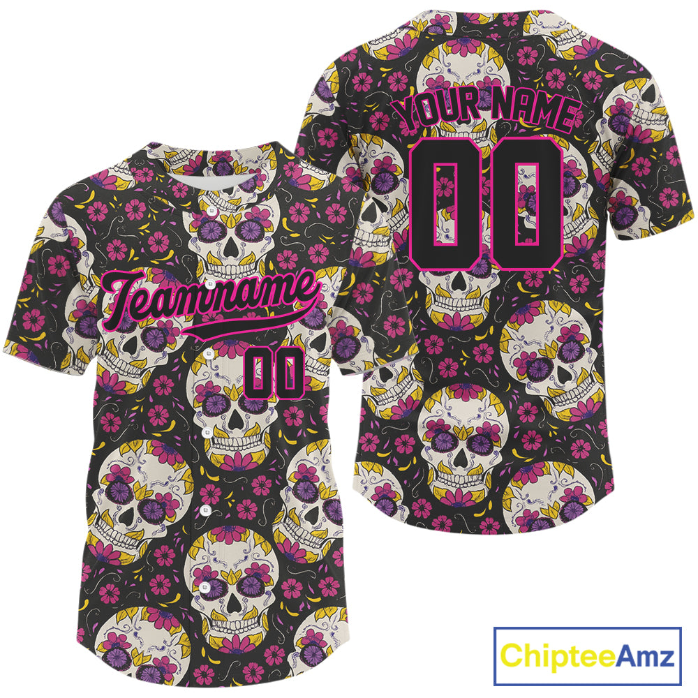 Custom Black And Pink Skull Halloween Baseball Jersey For Men Creepy Baseball Jersey NYN1286