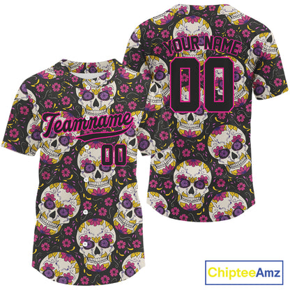 Custom Black And Pink Skull Halloween Baseball Jersey For Men Creepy Baseball Jersey NYN1286