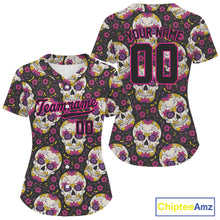 Load image into Gallery viewer, Custom Black And Pink Skull Halloween Baseball Jersey For Women Creepy Baseball Jersey NYN1286