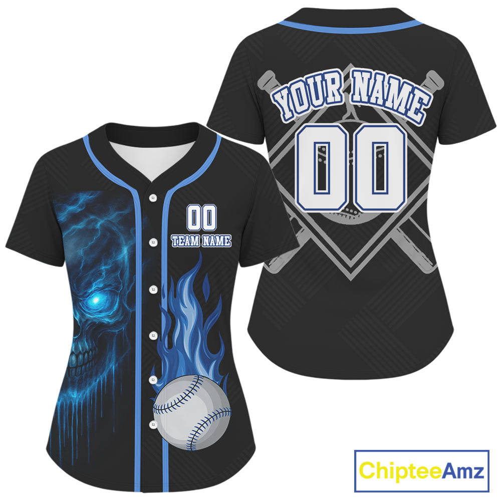 Custom Blue Flames Skull Baseball Ball Shirt For Women Flaming Youth Baseball Jerseys NYN0912