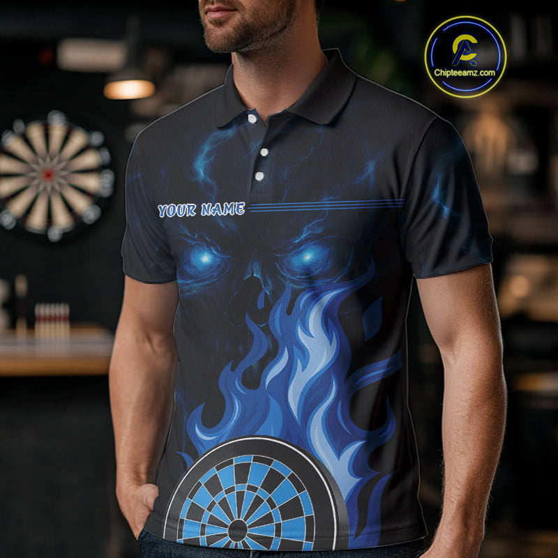 Custom Black And Blue Flames Skull Dartboard Polo Dart Shirt For Men Outfit Dart Team Jerseys NYN0925