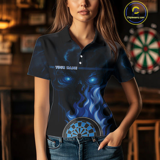 Custom Black And Blue Flames Skull Dartboard Polo Dart Shirt For Women Outfit Dart Team Jerseys NYN0925