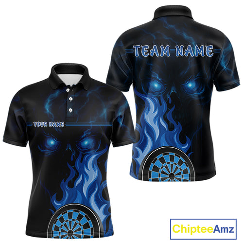 Custom Black And Blue Flames Skull Dartboard Polo Dart Shirt For Men Outfit Dart Team Jerseys NYN0925