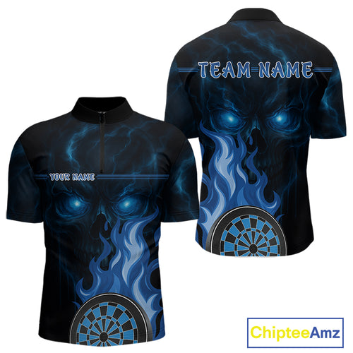 Custom Black And Blue Flames Skull Dartboard 1/4-Zip Dart Shirt For Men Outfit Dart Team Jerseys NYN0925