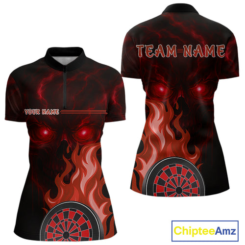 Custom Black And Red Flames Skull Dartboard 1/4-Zip Dart Shirt For Women Outfit Dart Team Jerseys NYN0926