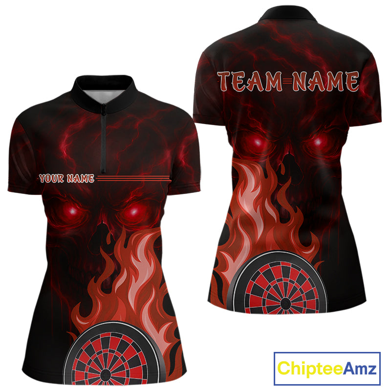 Custom Black And Red Flames Skull Dartboard 1/4-Zip Dart Shirt For Women Outfit Dart Team Jerseys NYN0926