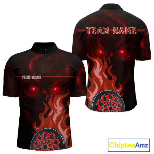 Custom Black And Red Flames Skull Dartboard 1/4-Zip Dart Shirt For Men Outfit Dart Team Jerseys NYN0926