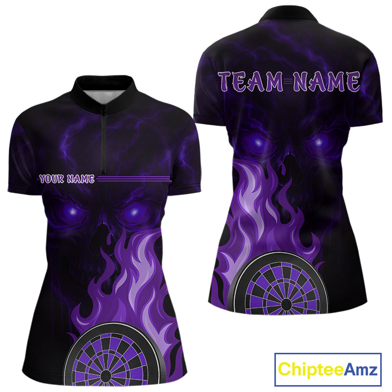 Custom Black And Purple Flames Skull Dartboard 1/4-Zip Dart Shirt For Women Outfit Dart Team Jerseys NYN0927
