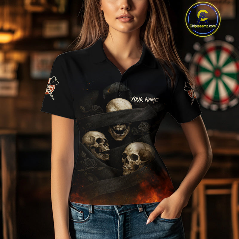 Custom Flames Grunge Roses Black Skull Dart Women Polo Shirt Outfits Dart Jerseys NYN1559