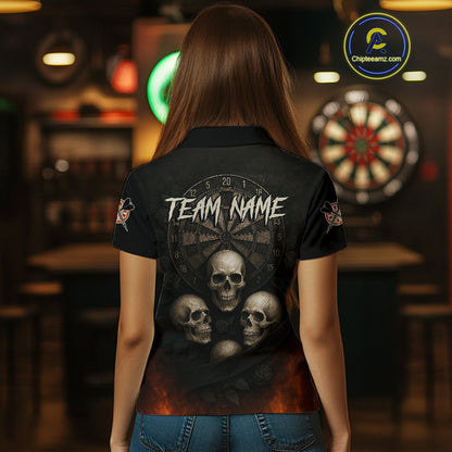 Custom Flames Grunge Roses Black Skull Dart Women Polo Shirt Outfits Dart Jerseys NYN1559