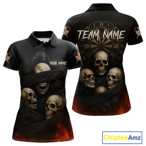 Custom Flames Grunge Roses Black Skull Dart Women Polo Shirt Outfits Dart Jerseys NYN1559