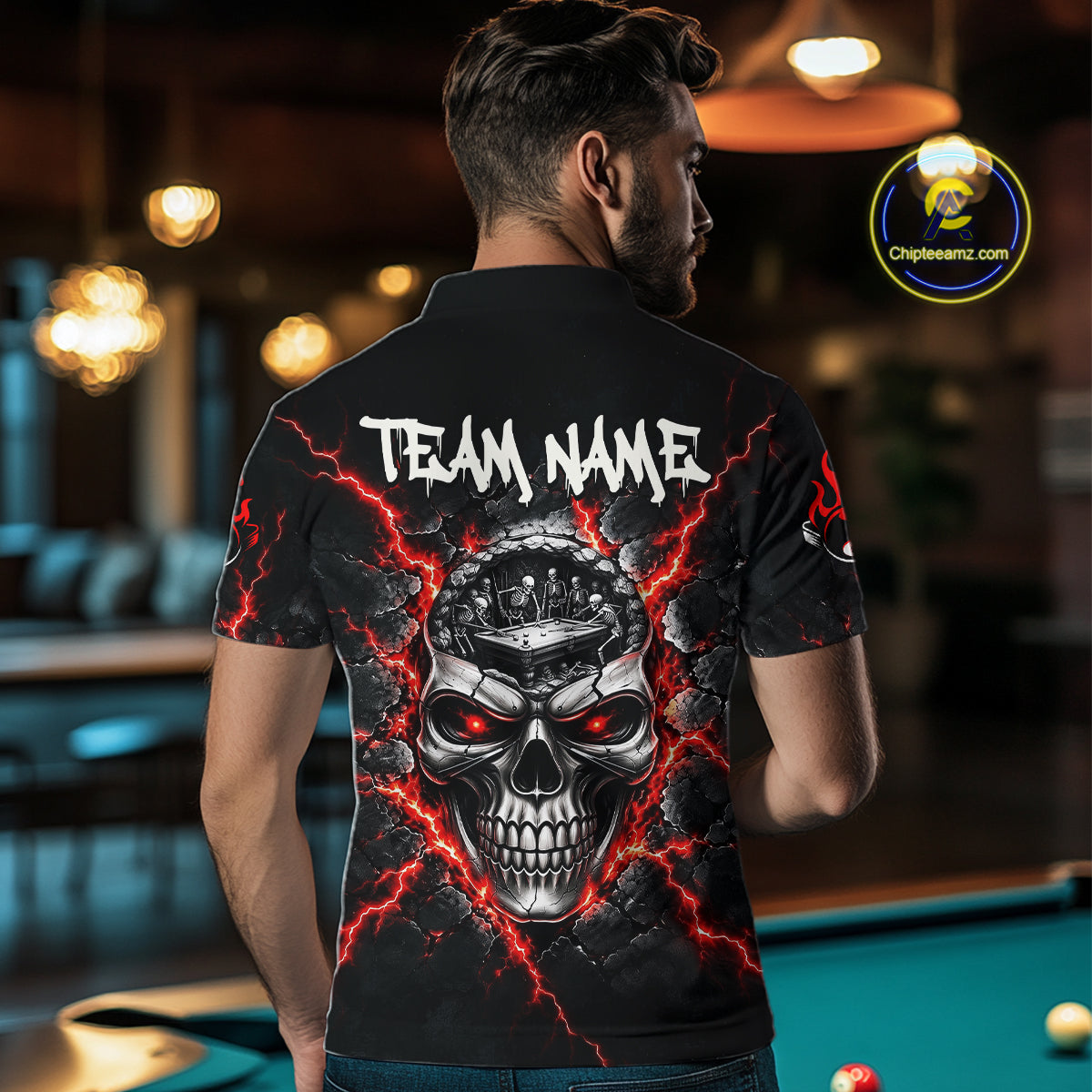 Custom Cracked Skull 8 Ball Billiard Shirt For Men Red Thunder Skeleton Billiards 1/4-Zip Polo Jersey NYN4738