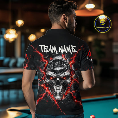 Custom Cracked Skull 8 Ball Billiard Shirt For Men Red Thunder Skeleton Billiards 1/4-Zip Polo Jersey NYN4738