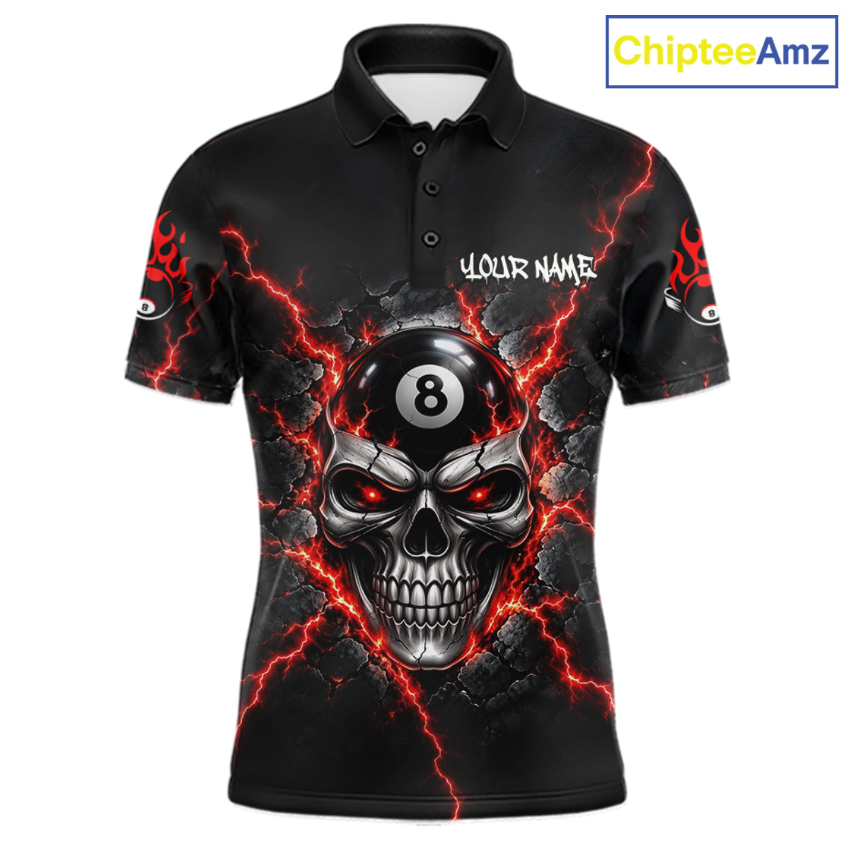 Custom Cracked Skull 8 Ball Billiard Shirt For Men Red Thunder Skeleton Billiards 1/4-Zip Polo Jersey NYN4738