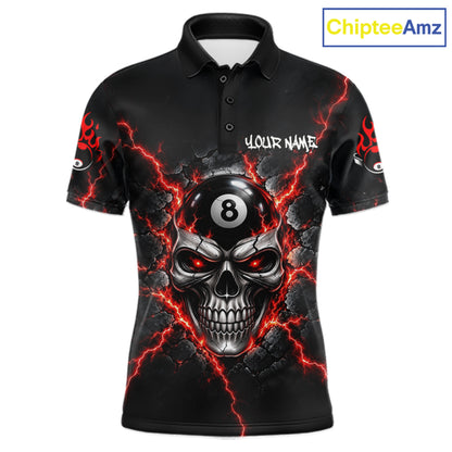 Custom Cracked Skull 8 Ball Billiard Shirt For Men Red Thunder Skeleton Billiards 1/4-Zip Polo Jersey NYN4738