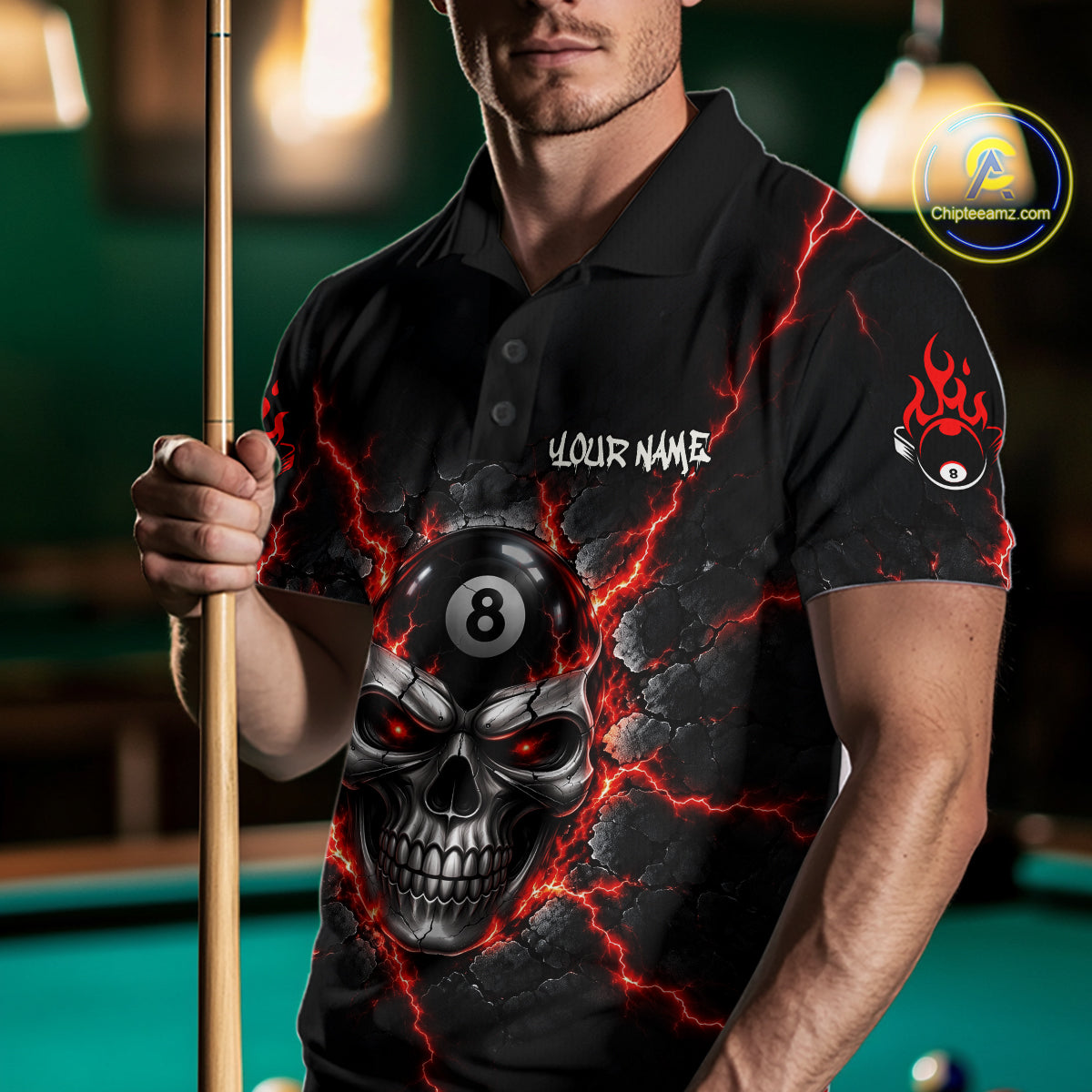 Custom Cracked Skull 8 Ball Billiard Shirt For Men Red Thunder Skeleton Billiards 1/4-Zip Polo Jersey NYN4738